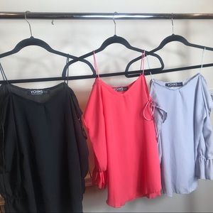 Blouse Set. Black, Coral and Lilac Summer Tops.